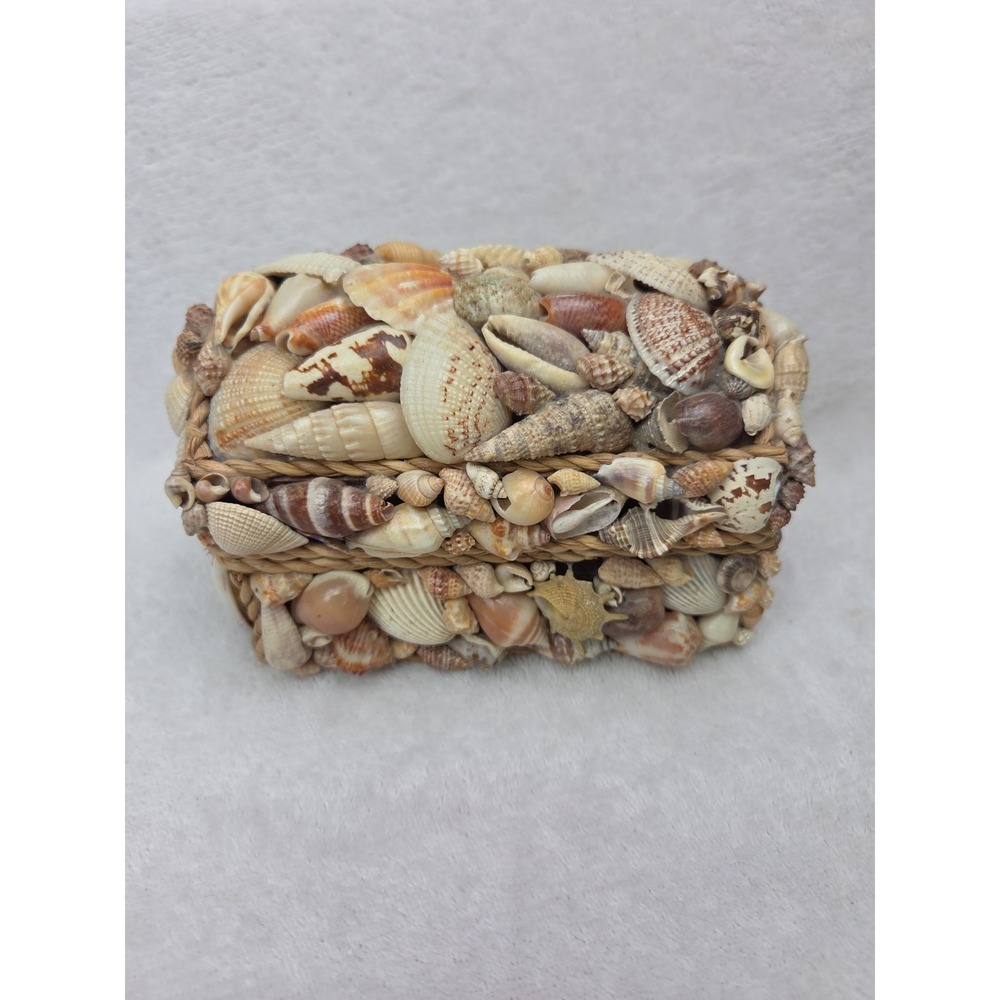 Vintage Folk Art Seashell Jewelry Box Domed Trinket Chest Boho Coastal Decor